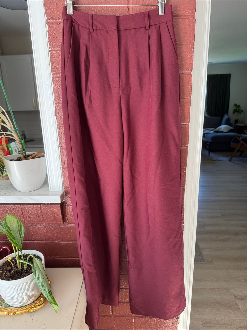 Commense Burgundy Wide-Leg High-Waist Trousers Size Small